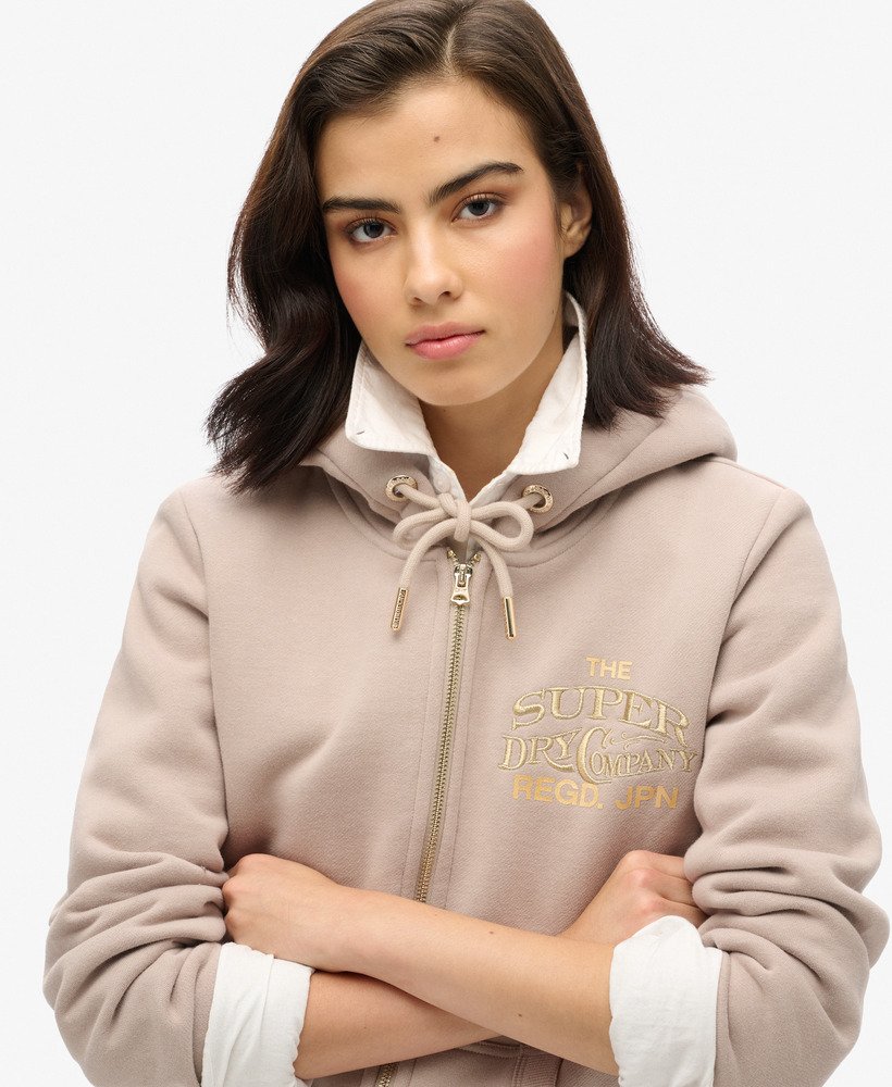 luxe metallic hoodie met logo en ritssluiting in warmgrijs.