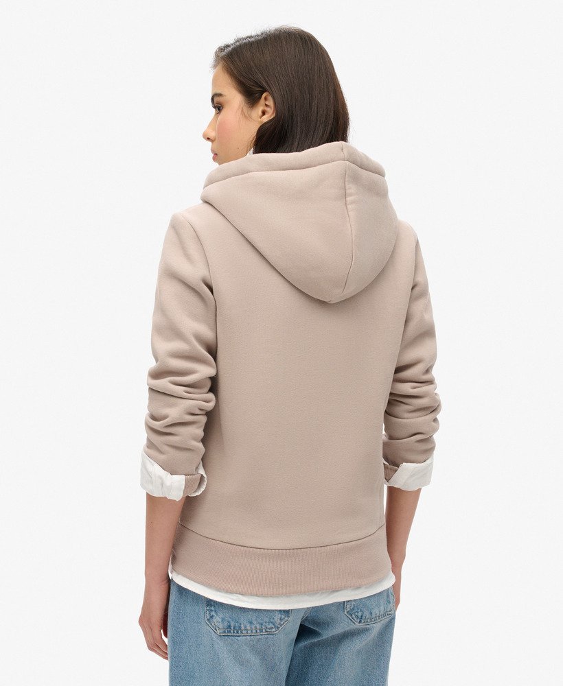 luxe metallic hoodie met logo en ritssluiting in warmgrijs.