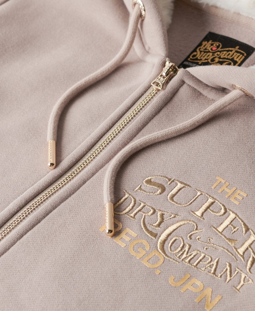 luxe metallic hoodie met logo en ritssluiting in warmgrijs.