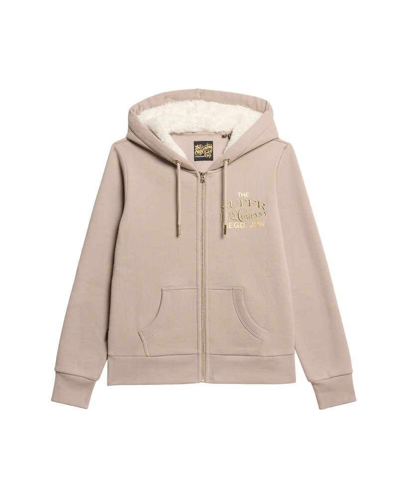 luxe metallic hoodie met logo en ritssluiting in warmgrijs.