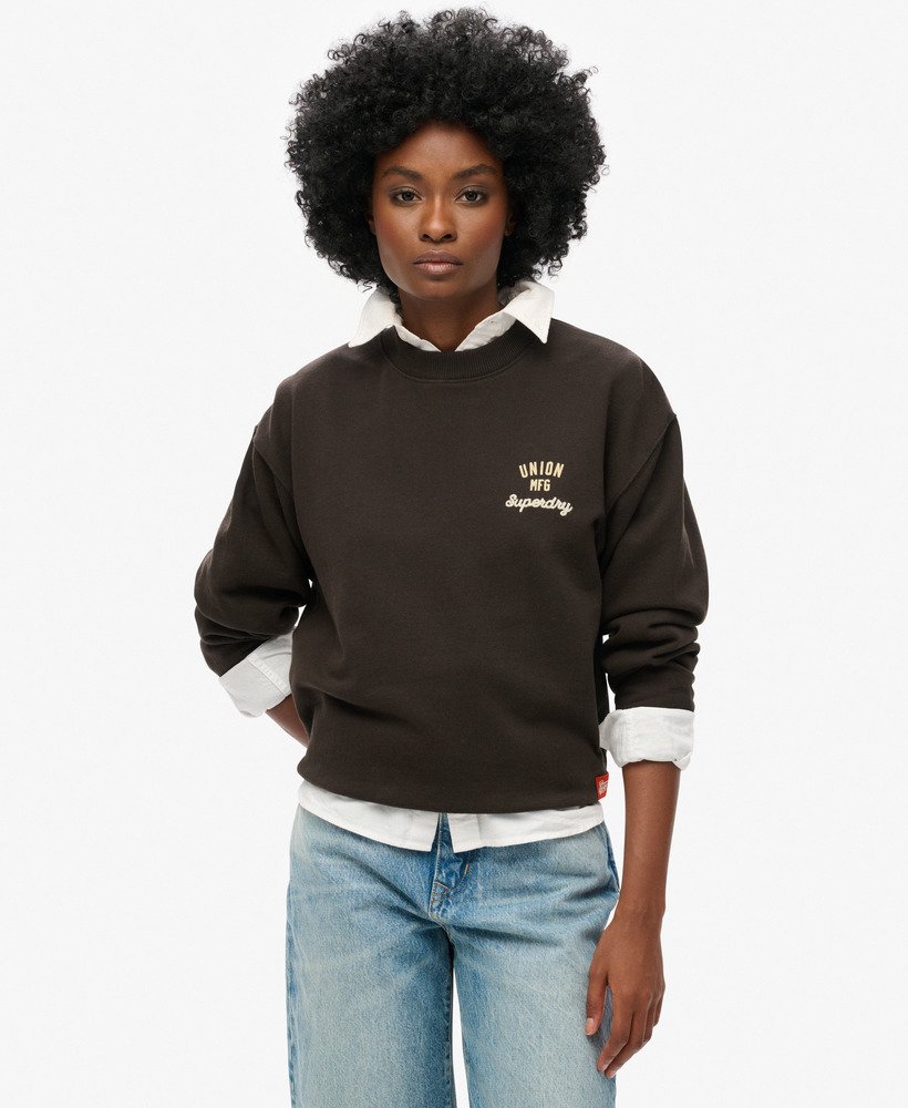werktrui met geborduurde details en losse ronde hals in bison black