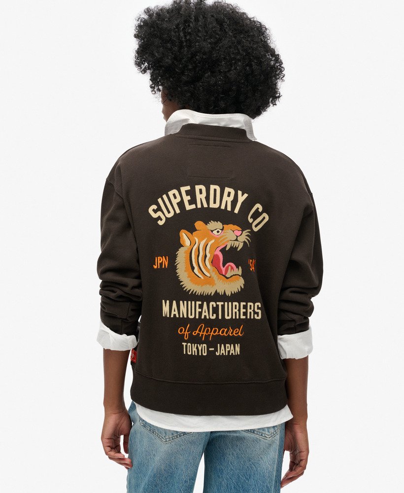werktrui met geborduurde details en losse ronde hals in bison black