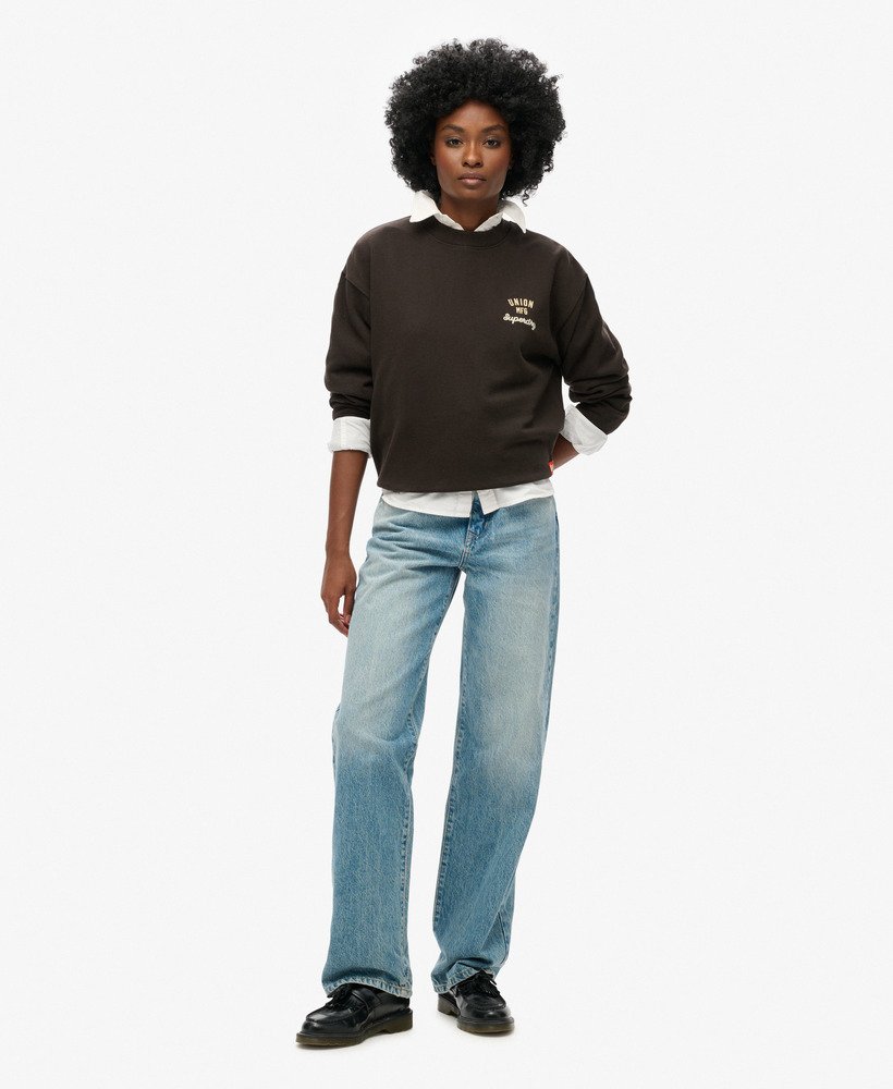 werktrui met geborduurde details en losse ronde hals in bison black