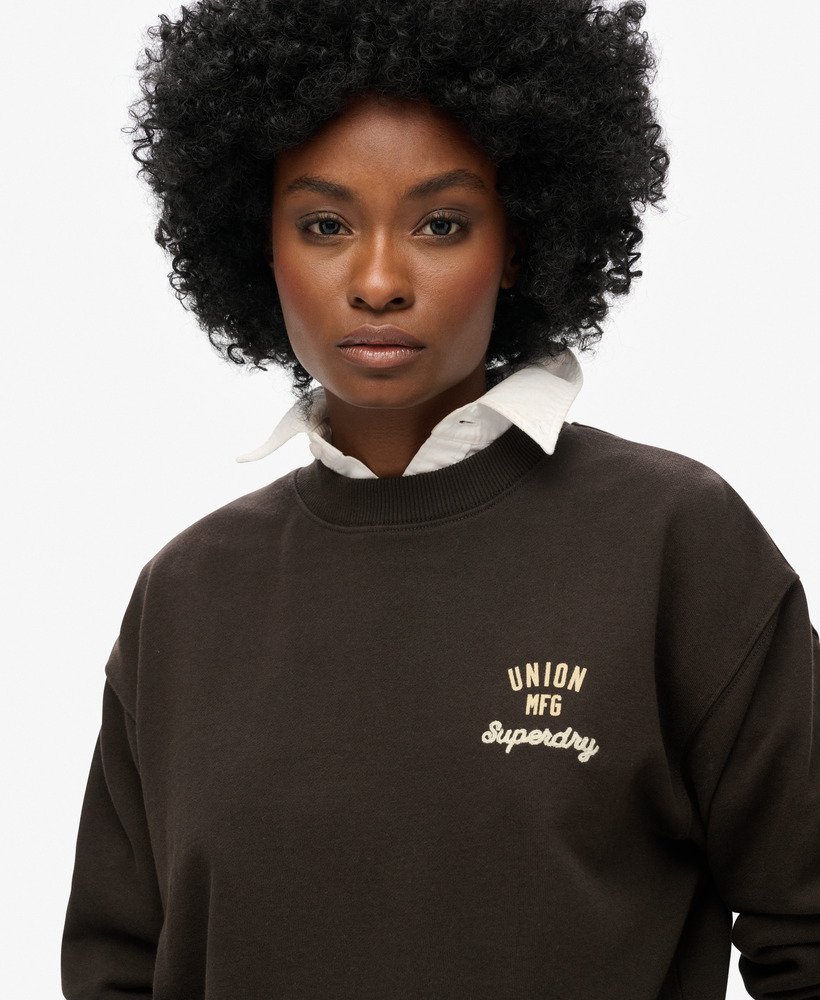 werktrui met geborduurde details en losse ronde hals in bison black