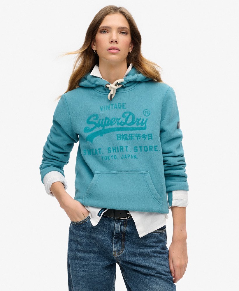 klassieke velours hoodie met grafische print in stormblauw.