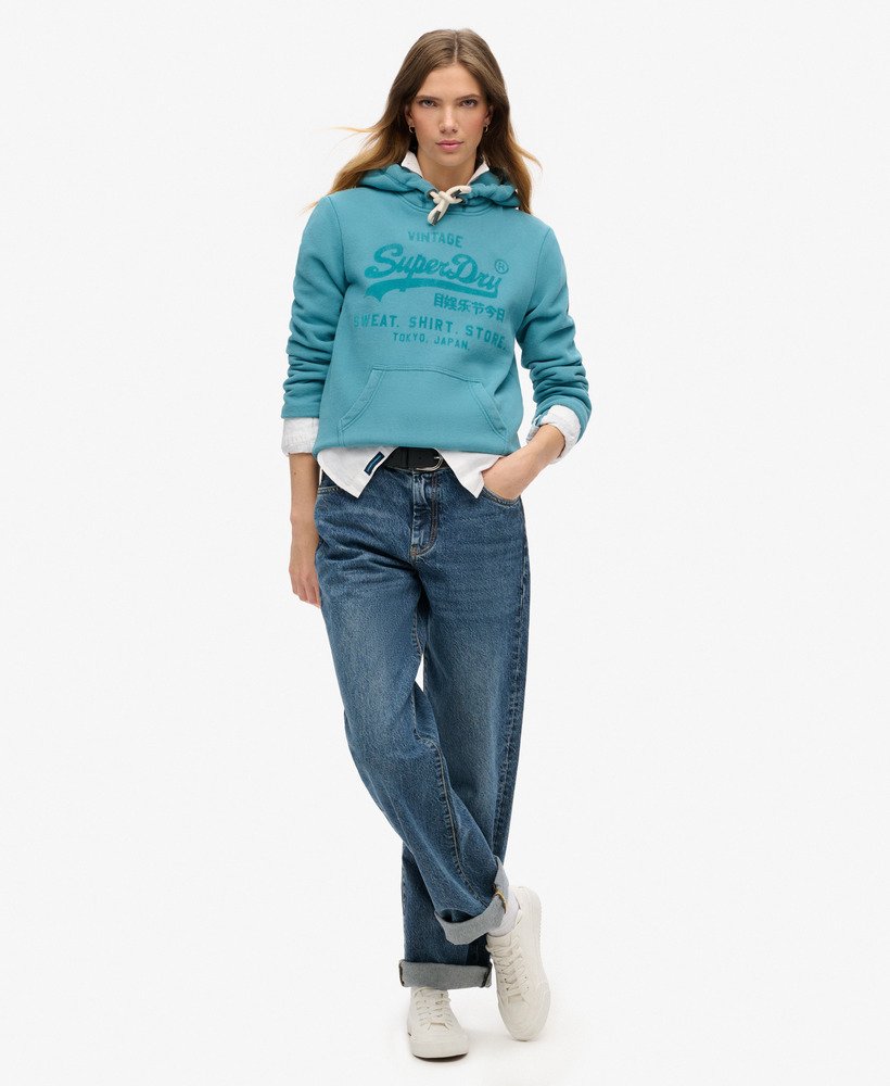 klassieke velours hoodie met grafische print in stormblauw.