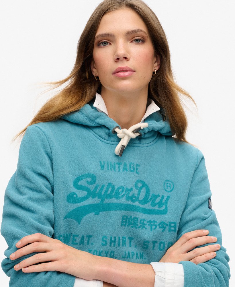 klassieke velours hoodie met grafische print in stormblauw.