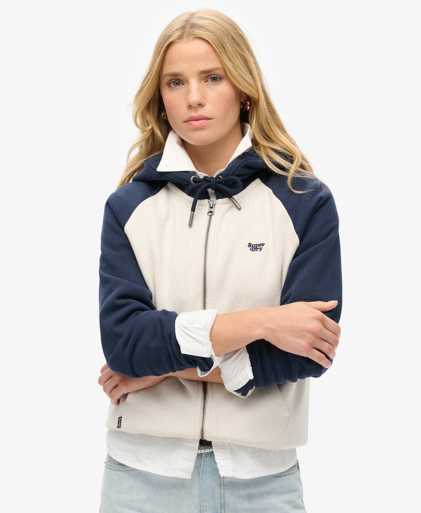 essentiële baseball hoodie met rits in diep marineblauwlicht haverkleurig gemêleerd.