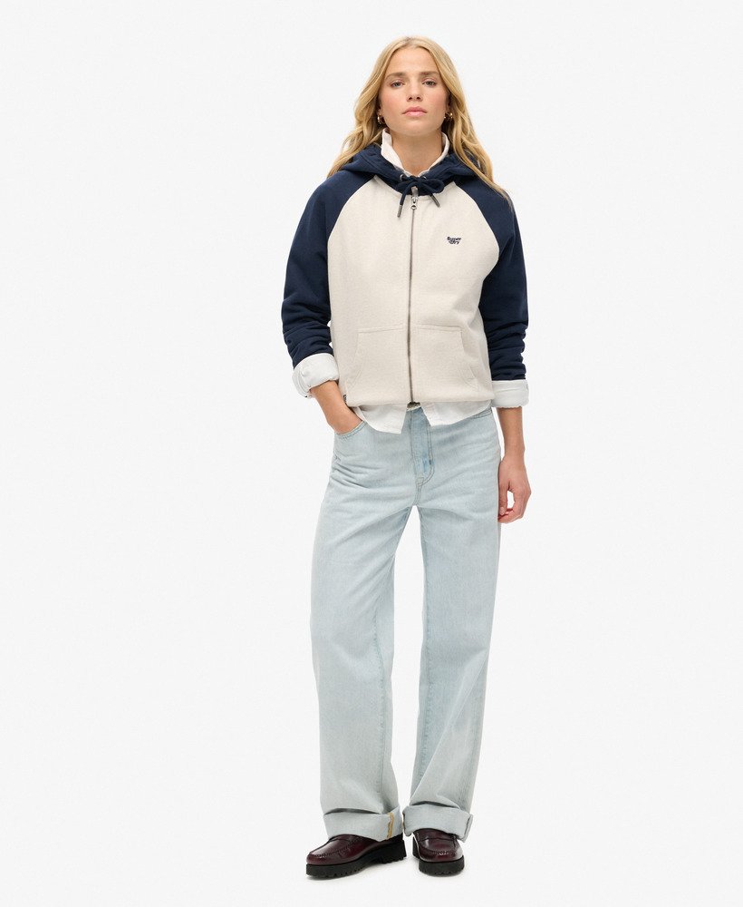 essentiële baseball hoodie met rits in diep marineblauwlicht haverkleurig gemêleerd.