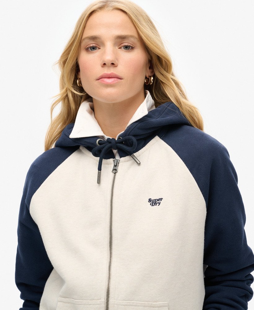 essentiële baseball hoodie met rits in diep marineblauwlicht haverkleurig gemêleerd.