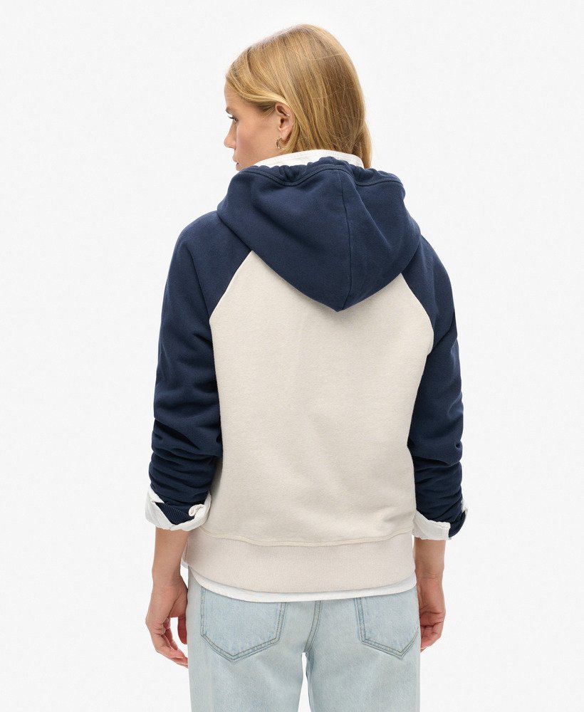 essentiële baseball hoodie met rits in diep marineblauwlicht haverkleurig gemêleerd.