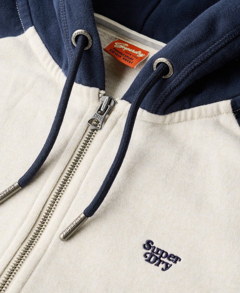 essentiële baseball hoodie met rits in diep marineblauwlicht haverkleurig gemêleerd.
