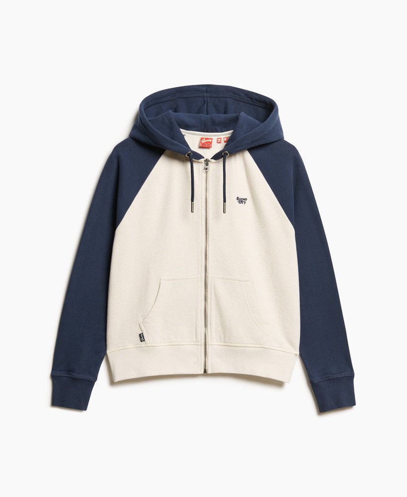 essentiële baseball hoodie met rits in diep marineblauwlicht haverkleurig gemêleerd.