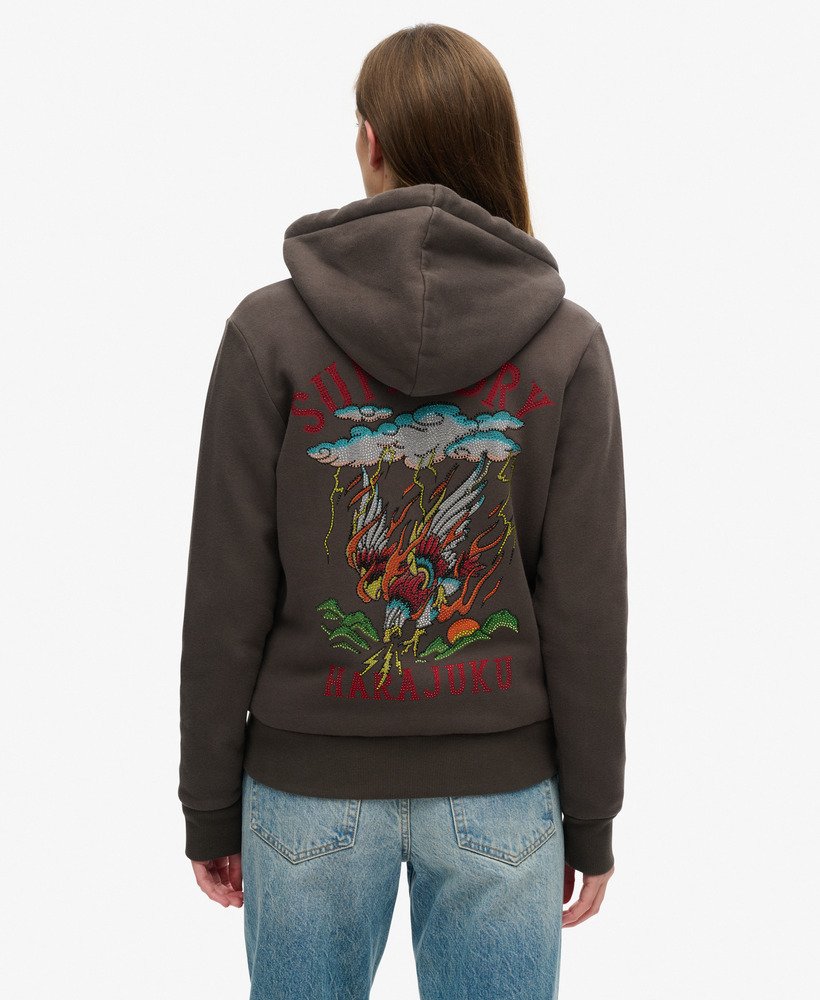 tattoo rhinestone zip hoodie in vintage black