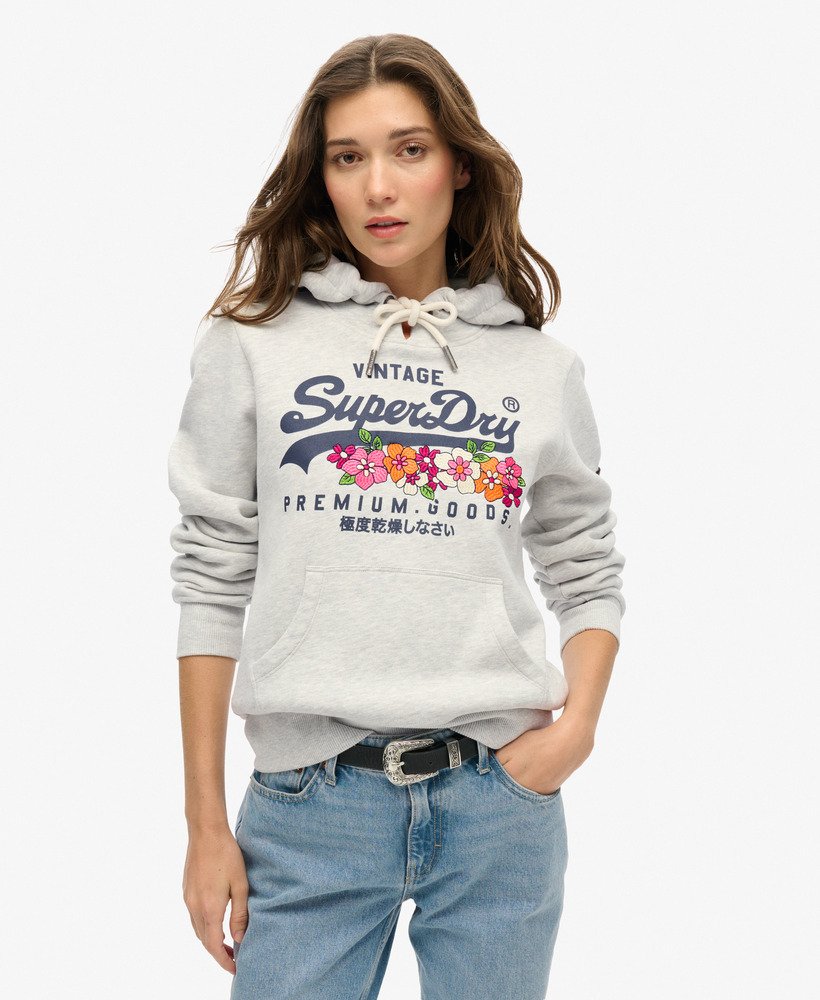 vintage logo premium floral hoodie in glacier grey marl