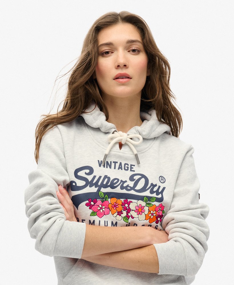 vintage logo premium floral hoodie in glacier grey marl