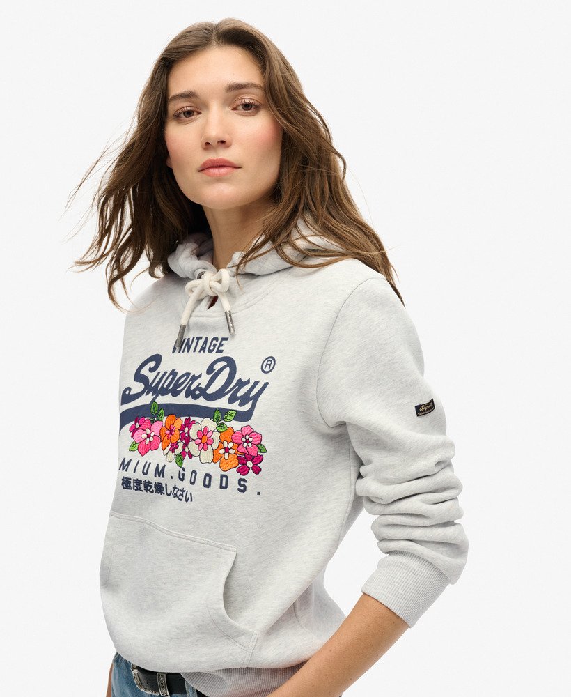 vintage logo premium floral hoodie in glacier grey marl