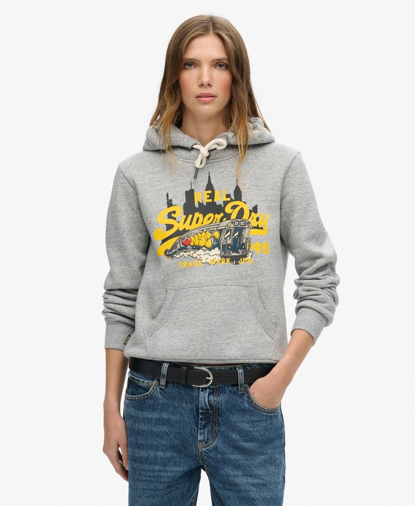 new york vintage logo graphic hoodie in athletic grey marl