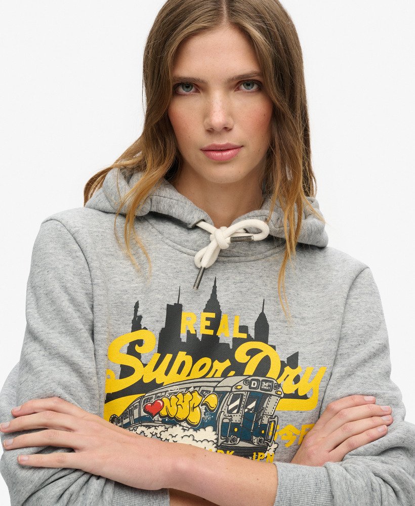 new york vintage logo graphic hoodie in athletic grey marl