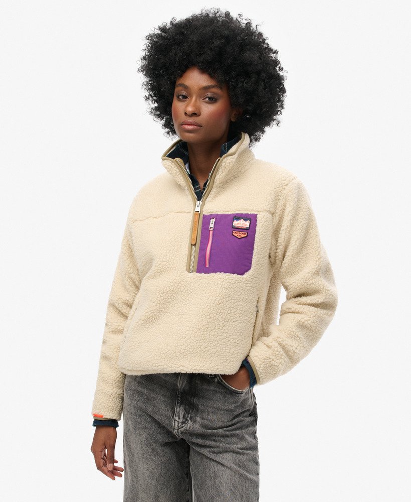 vintage retro fleece trui met halve rits in havermoutbeige.