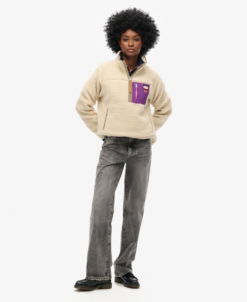vintage retro fleece trui met halve rits in havermoutbeige.