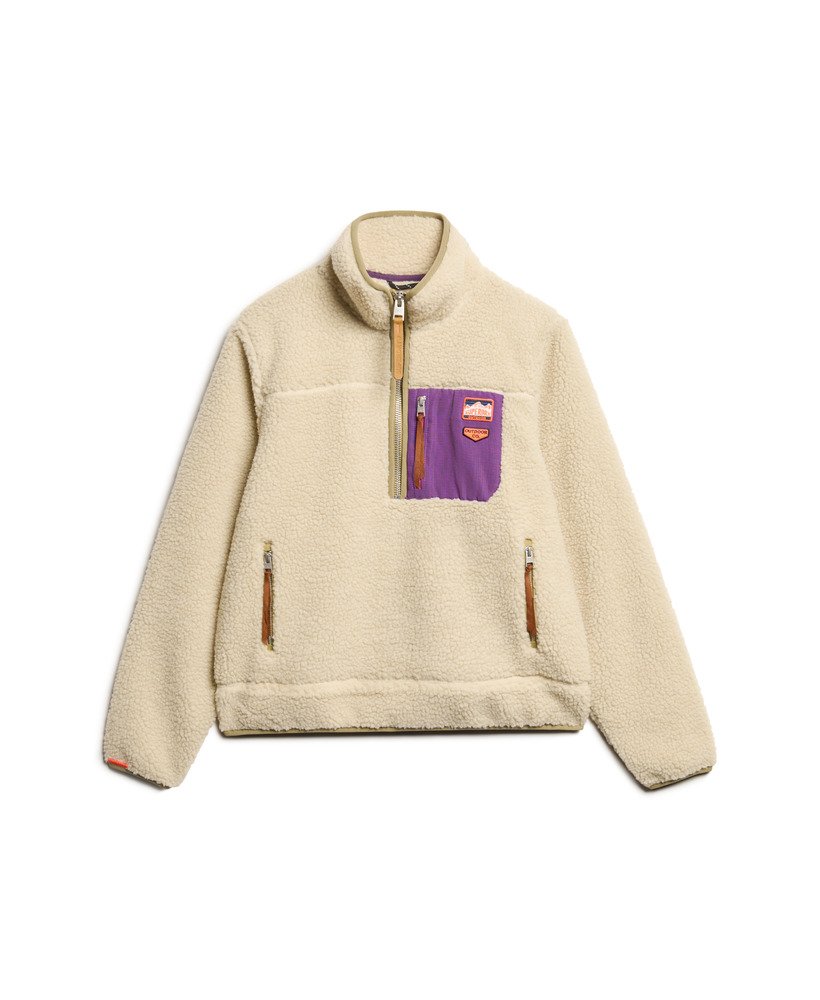 vintage retro fleece trui met halve rits in havermoutbeige.