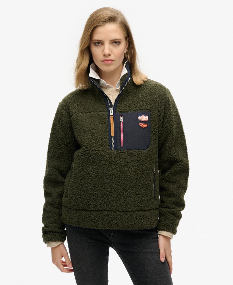 vintage retro fleece trui met halve rits in legergroen khaki.