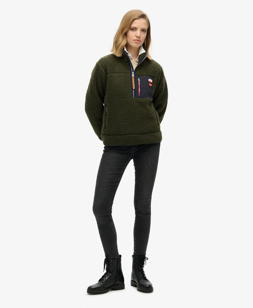 vintage retro fleece trui met halve rits in legergroen khaki.