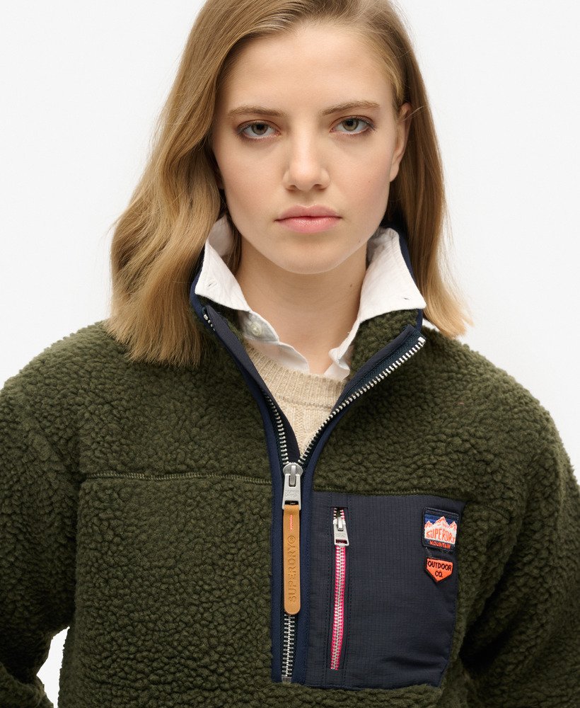 vintage retro fleece trui met halve rits in legergroen khaki.