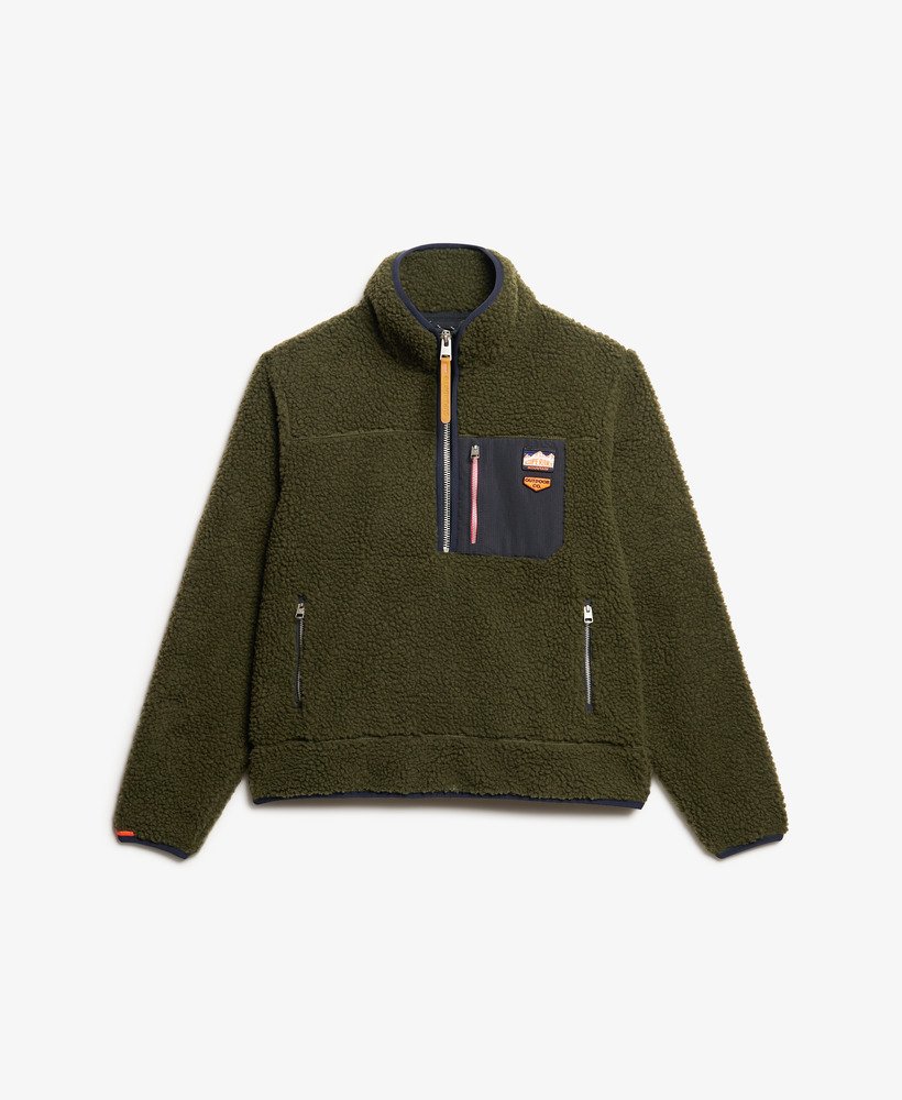 vintage retro fleece trui met halve rits in legergroen khaki.