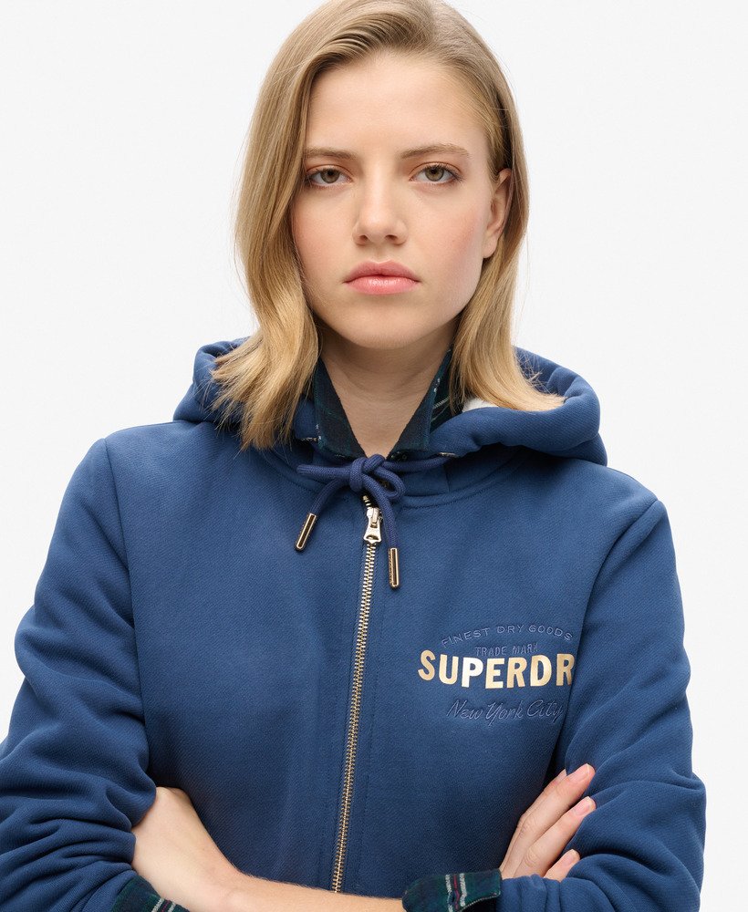 luxe metallic hoodie met logo en rits in sargasso zeeblauw