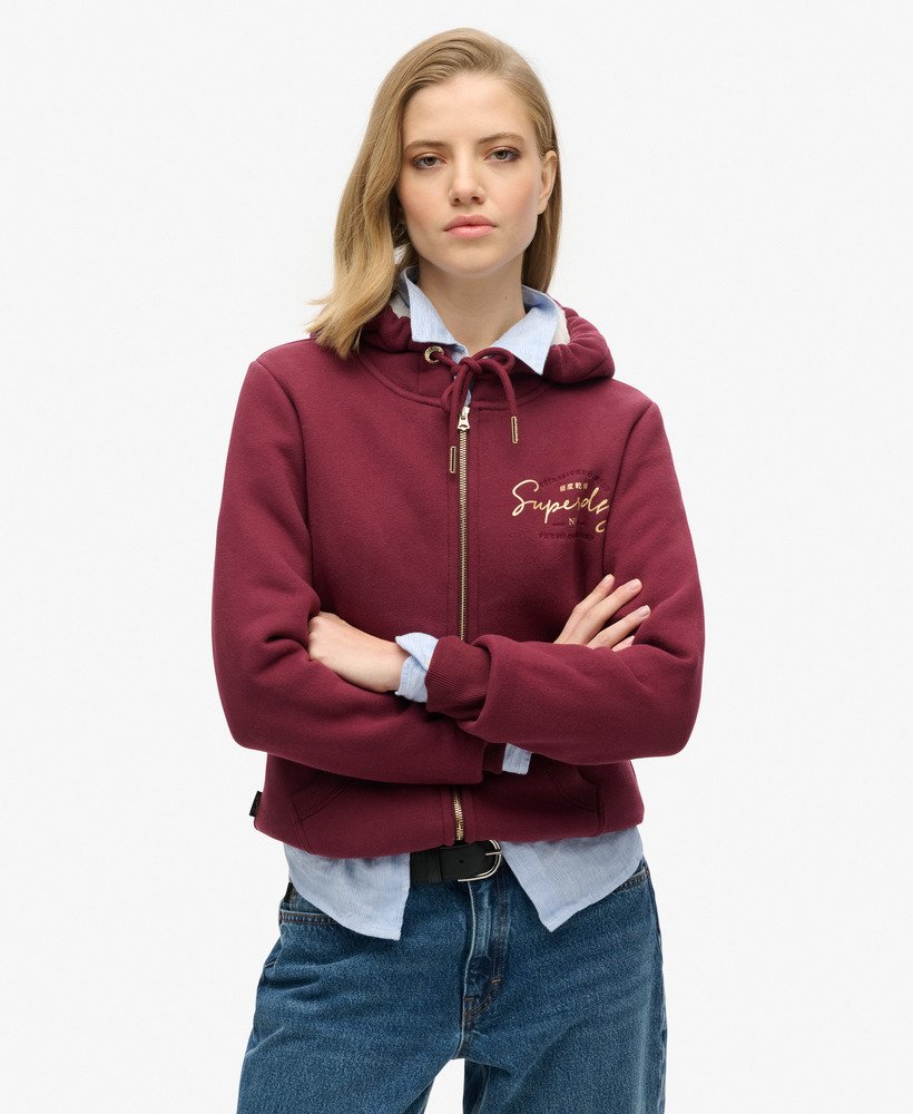 luxe metallic hoodie met logo en ritssluiting in bordeauxrood.