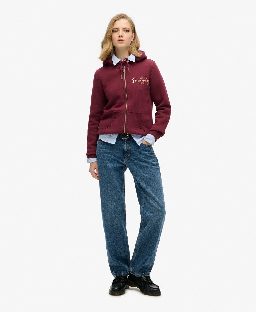 luxe metallic hoodie met logo en ritssluiting in bordeauxrood.