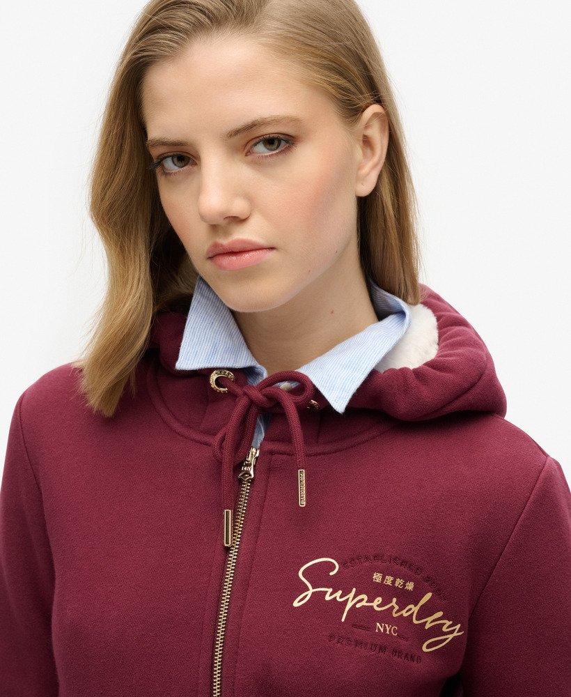 luxe metallic hoodie met logo en ritssluiting in bordeauxrood.