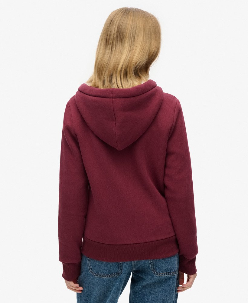 luxe metallic hoodie met logo en ritssluiting in bordeauxrood.