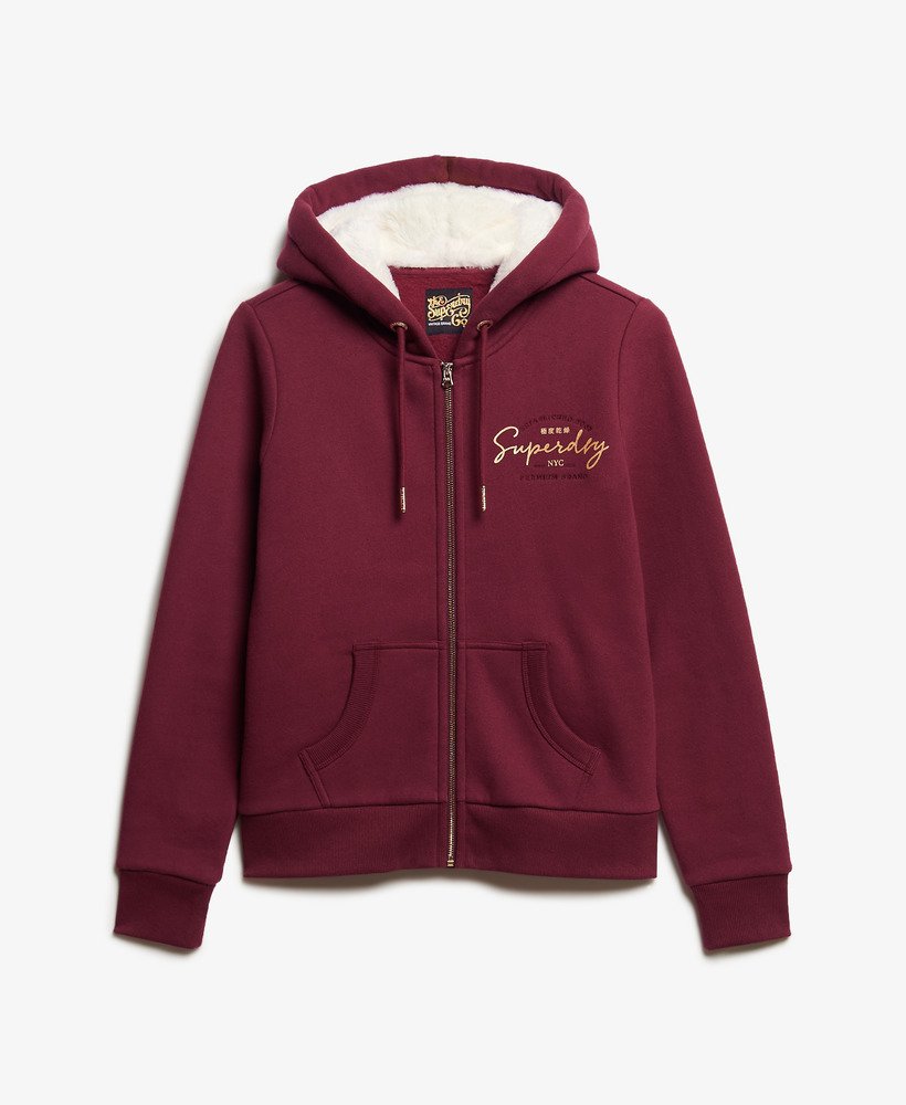 luxe metallic hoodie met logo en ritssluiting in bordeauxrood.