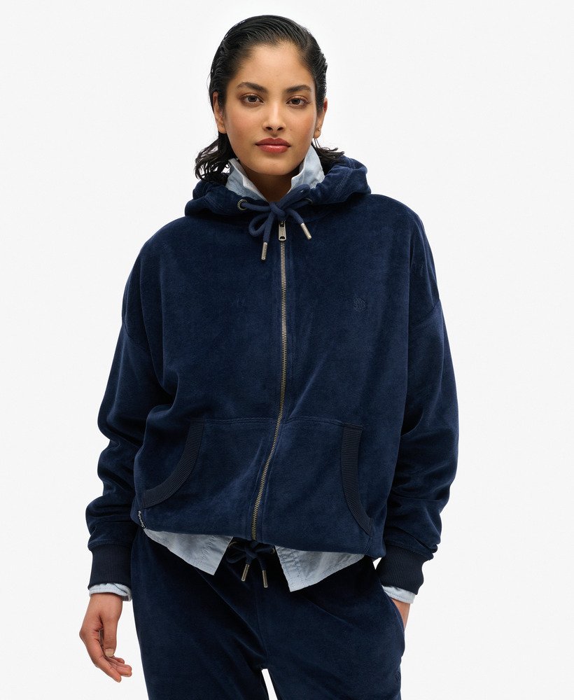 velours hoodie met rits in een diepblauwe kleur