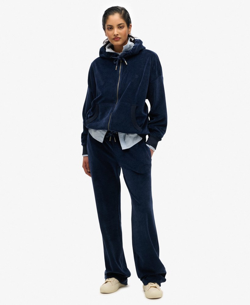 velours hoodie met rits in een diepblauwe kleur