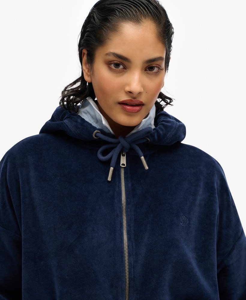 velours hoodie met rits in een diepblauwe kleur