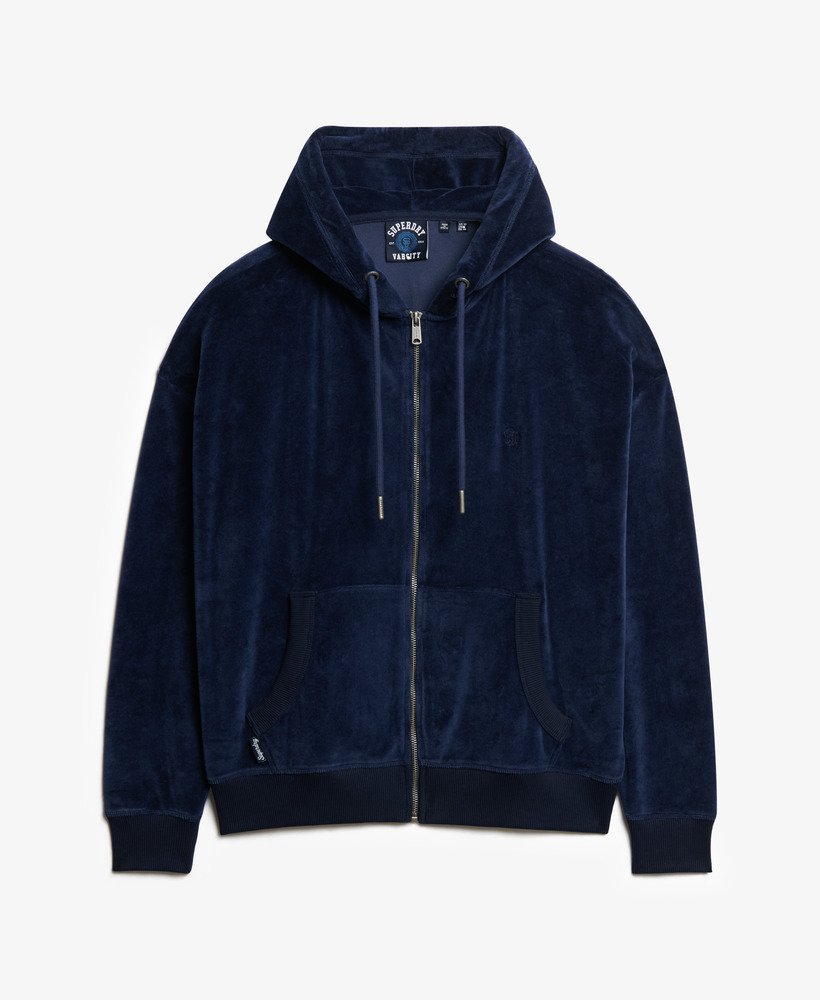 velours hoodie met rits in een diepblauwe kleur