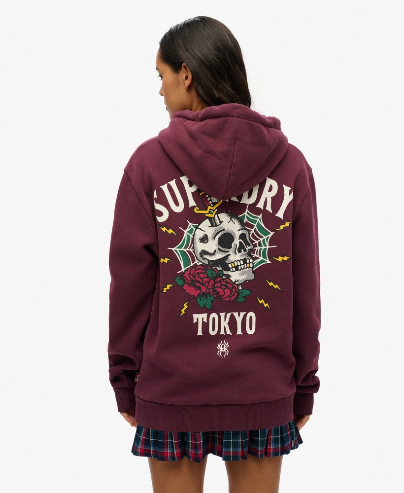 oversized hoodie met tattoo-print op de rug in vijgpaars