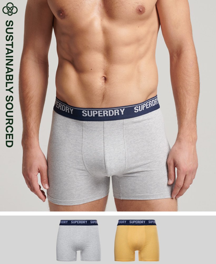 biologisch katoenen boxershorts dubbelverpakking in geelgrijs.