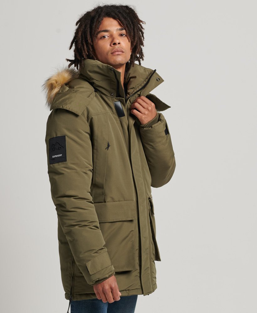 everest parka met capuchon van imitatiebont in gewassen kaki
