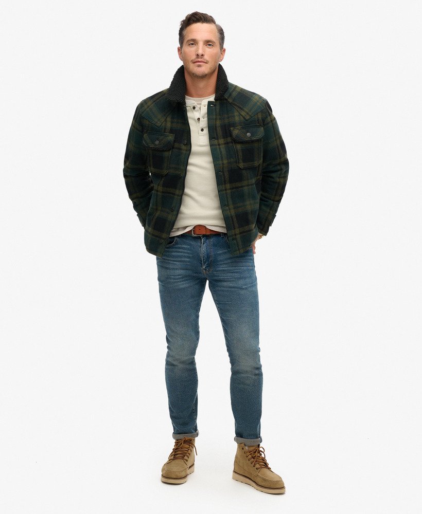 de merchant store - wollen werkjas in merchant green check