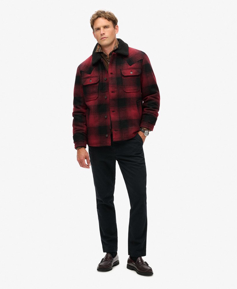 de merchant store - wollen werkjas in merchant rhubarb red check