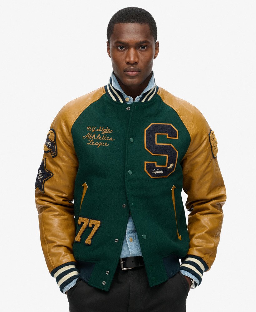 college varsity bomberjack met patches in emaillegroen