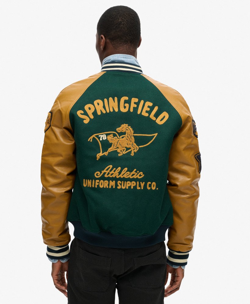 college varsity bomberjack met patches in emaillegroen