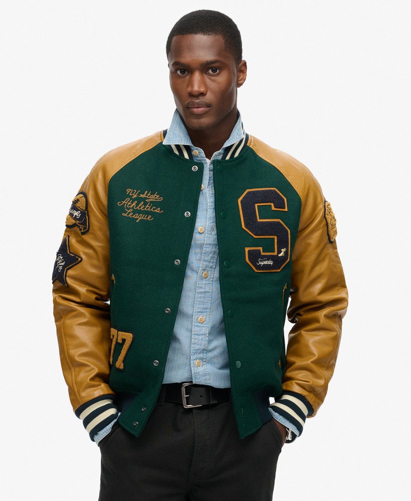 college varsity bomberjack met patches in emaillegroen