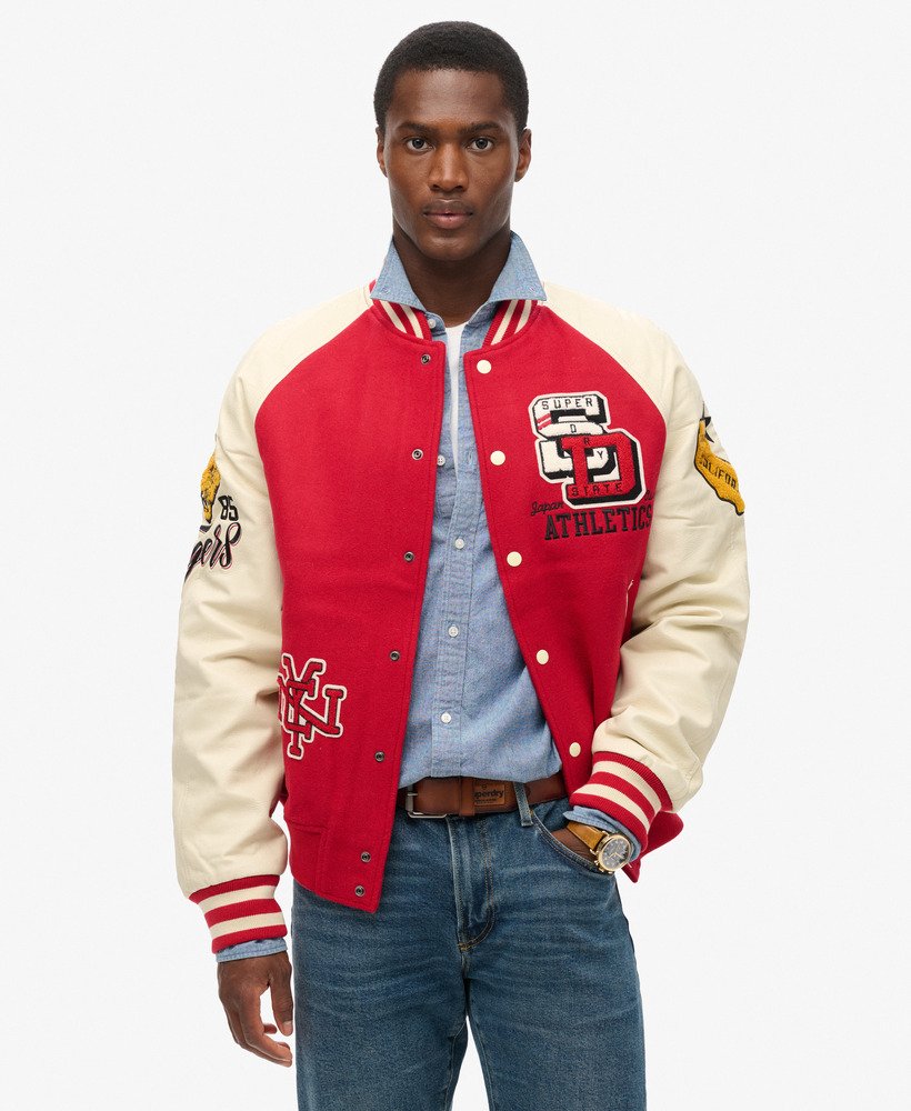 college varsity bomberjack met patches in varsity red