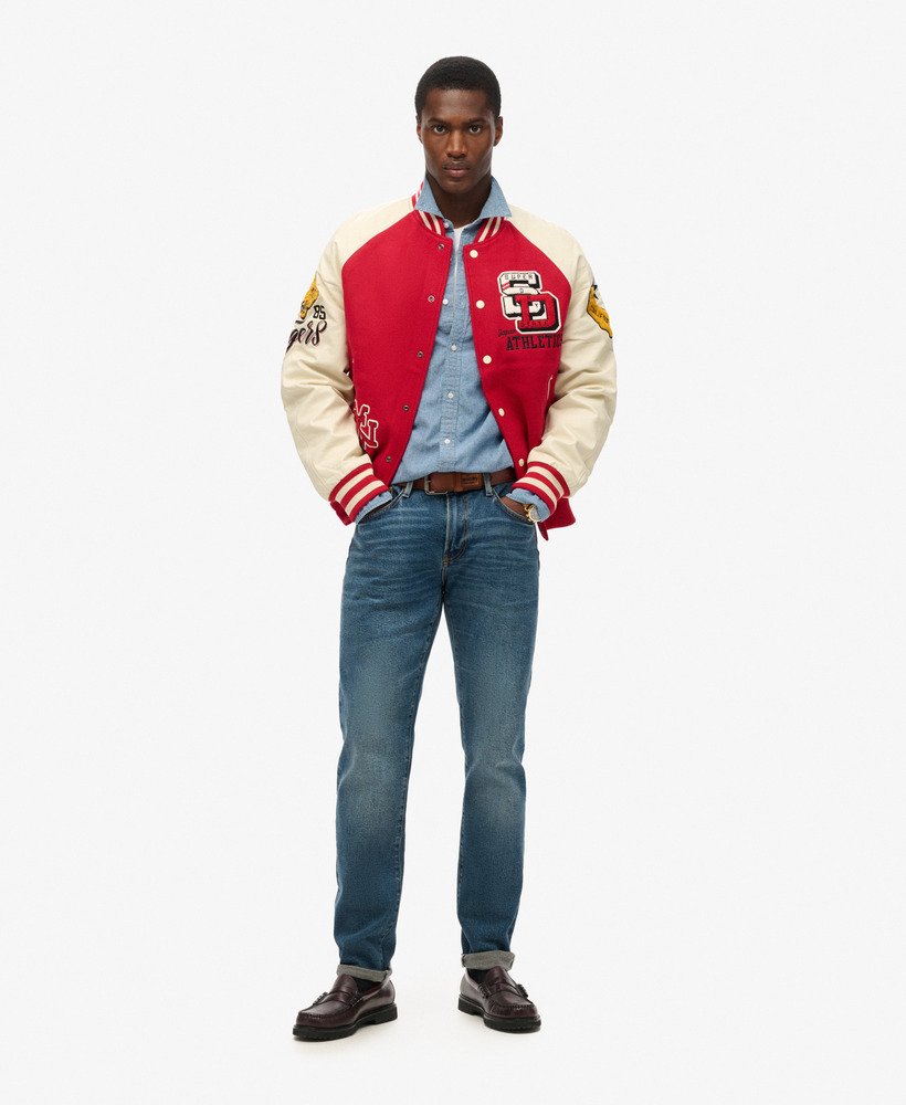 college varsity bomberjack met patches in varsity red